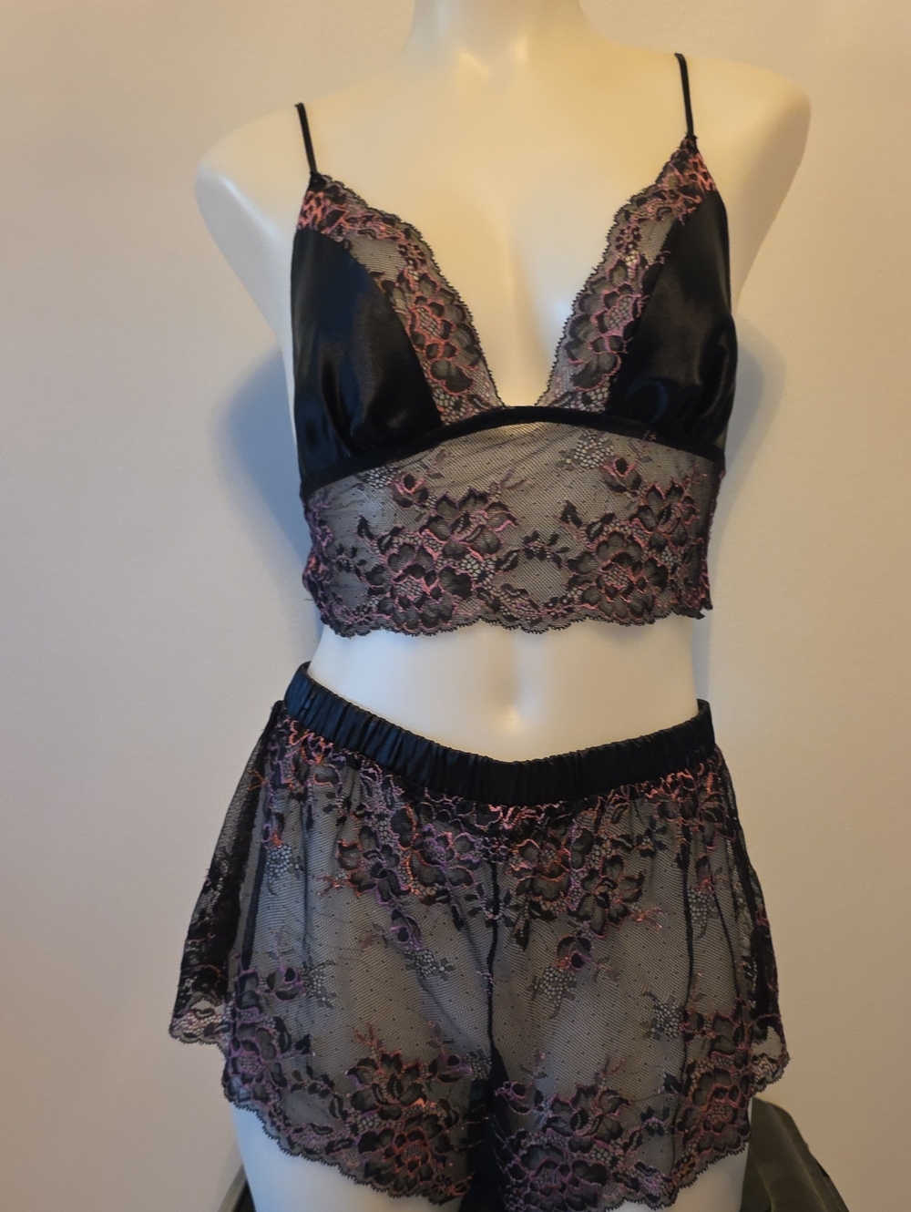 Black & Pink Lace Bralette and Shorts Set